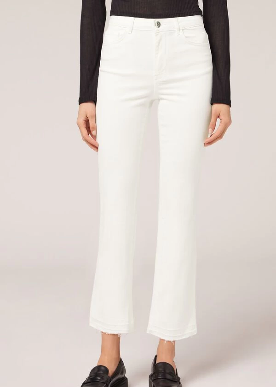 Calzedonia Women's Cropped Flare Jeans in 3465 White Denim - High Waisted Stretch Denim Pants
