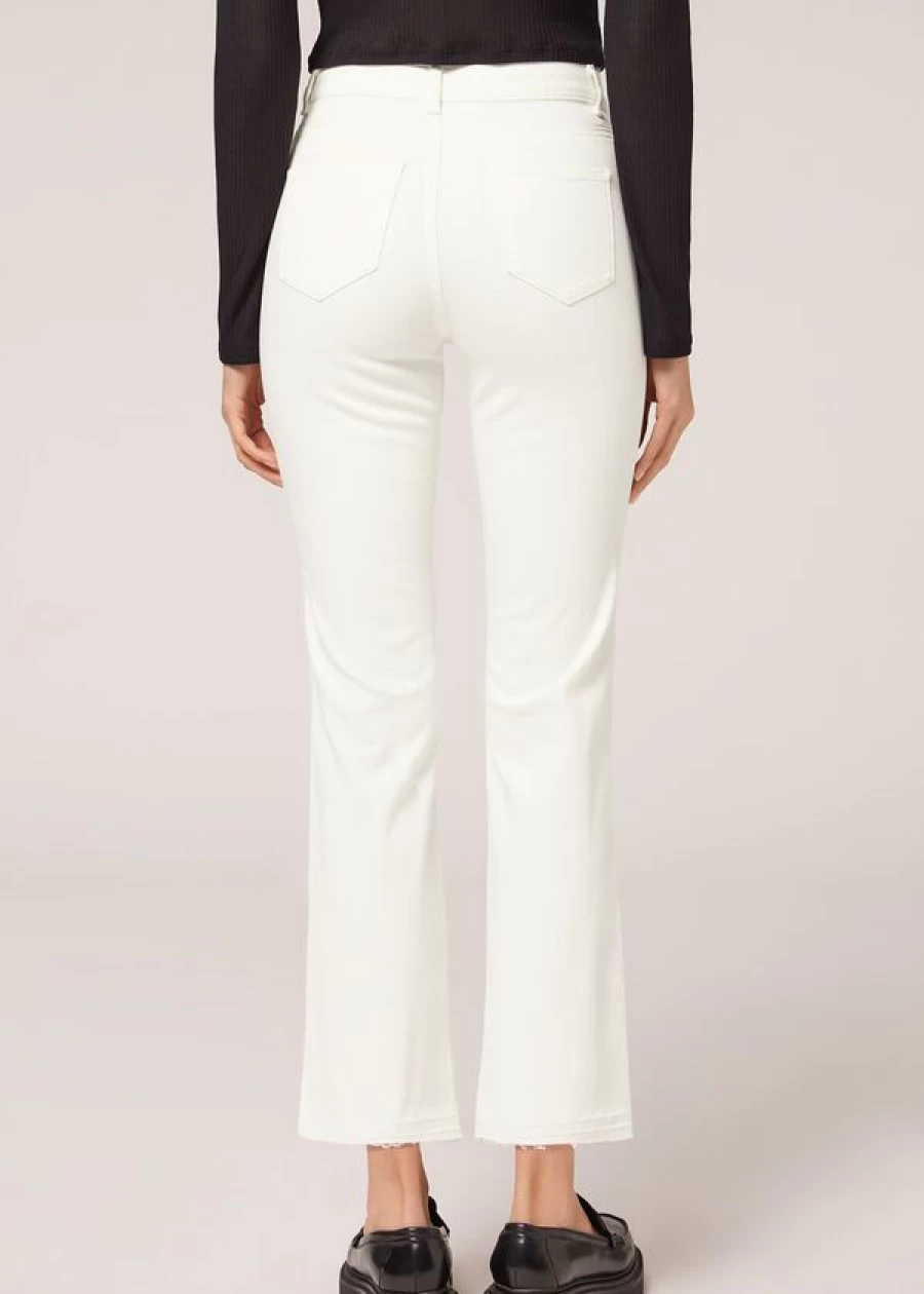 Calzedonia Women's Cropped Flare Jeans in 3465 White Denim - High Waisted Stretch Denim Pants