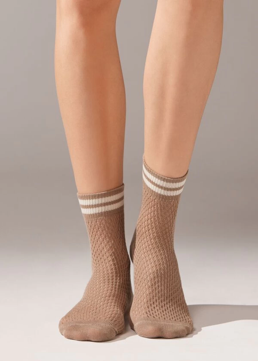"Calzedonia Openwork Short Socks in Sport Dusty Almond 112D - Breathable Lace Design"