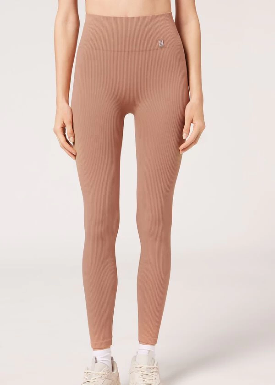 Calzedonia Seamless Fine Ribbed Sports Leggings in 833C Rosa Cipria - High-Waisted Yoga Pants for Women