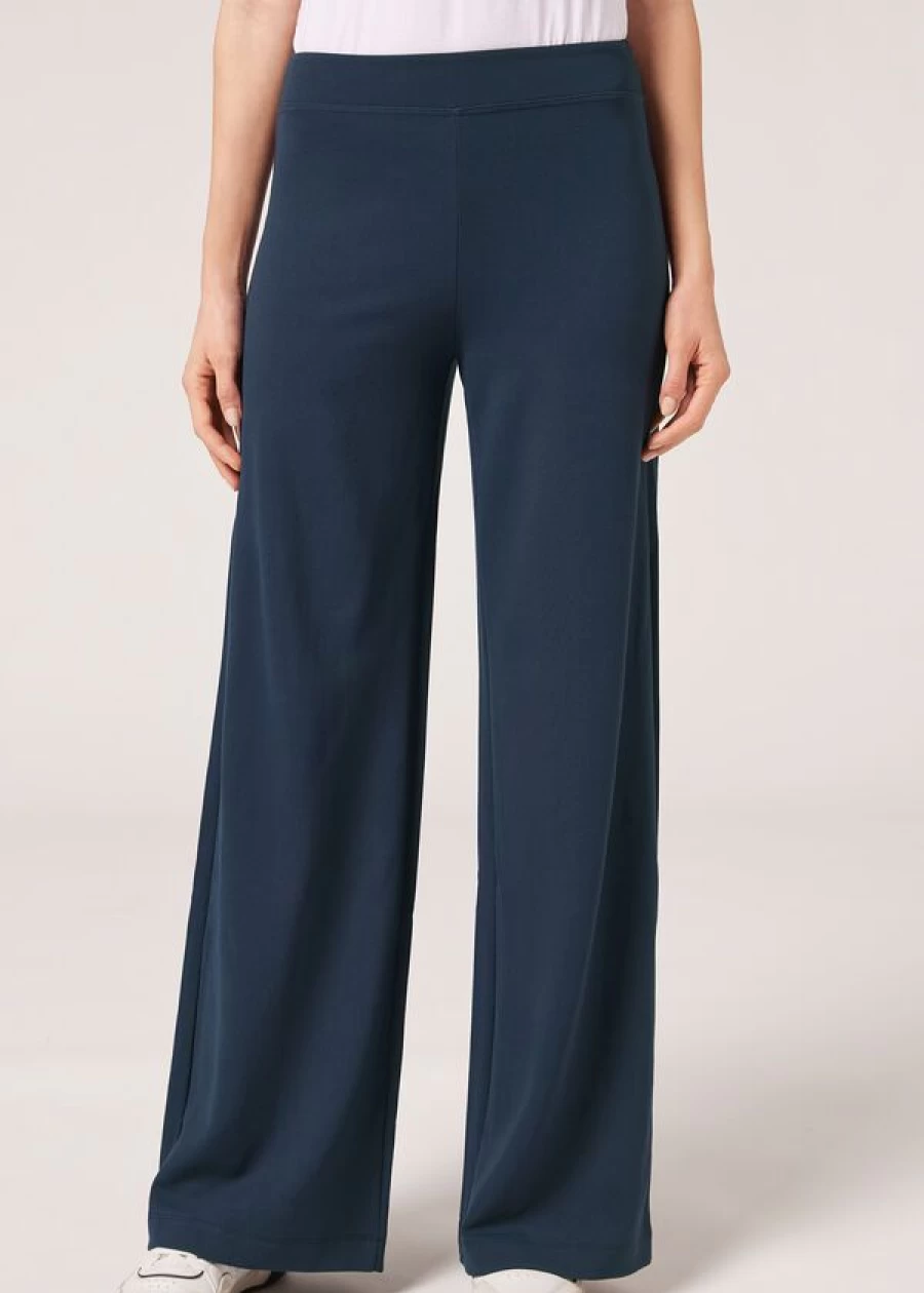 Calzedonia Intense Blue Milano Knit Palazzo Leggings for Women - Comfortable High-Waisted Wide Leg Pants