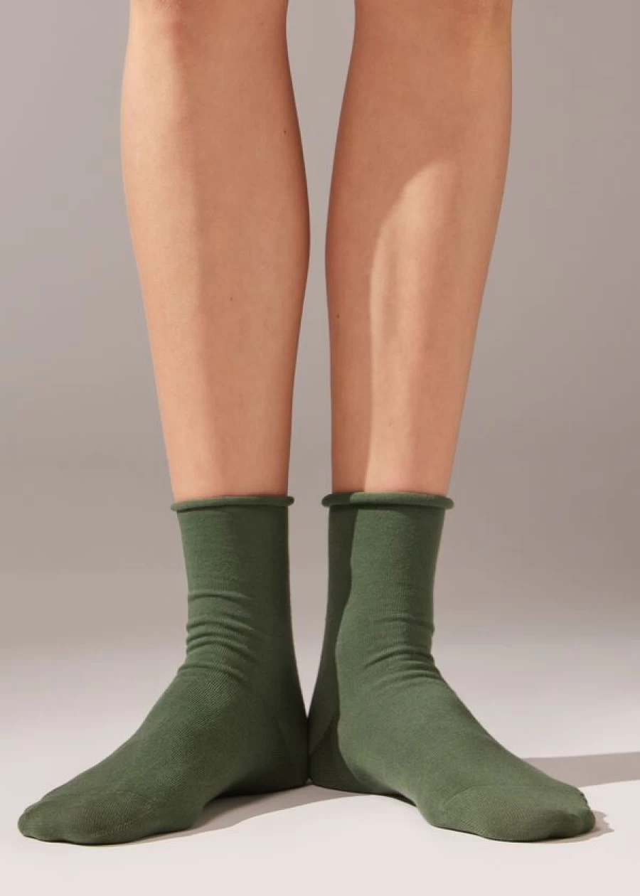 Calzedonia Non-Elastic Cotton Ankle Socks in Verde Cargo - Comfortable Breathable Casual Wear