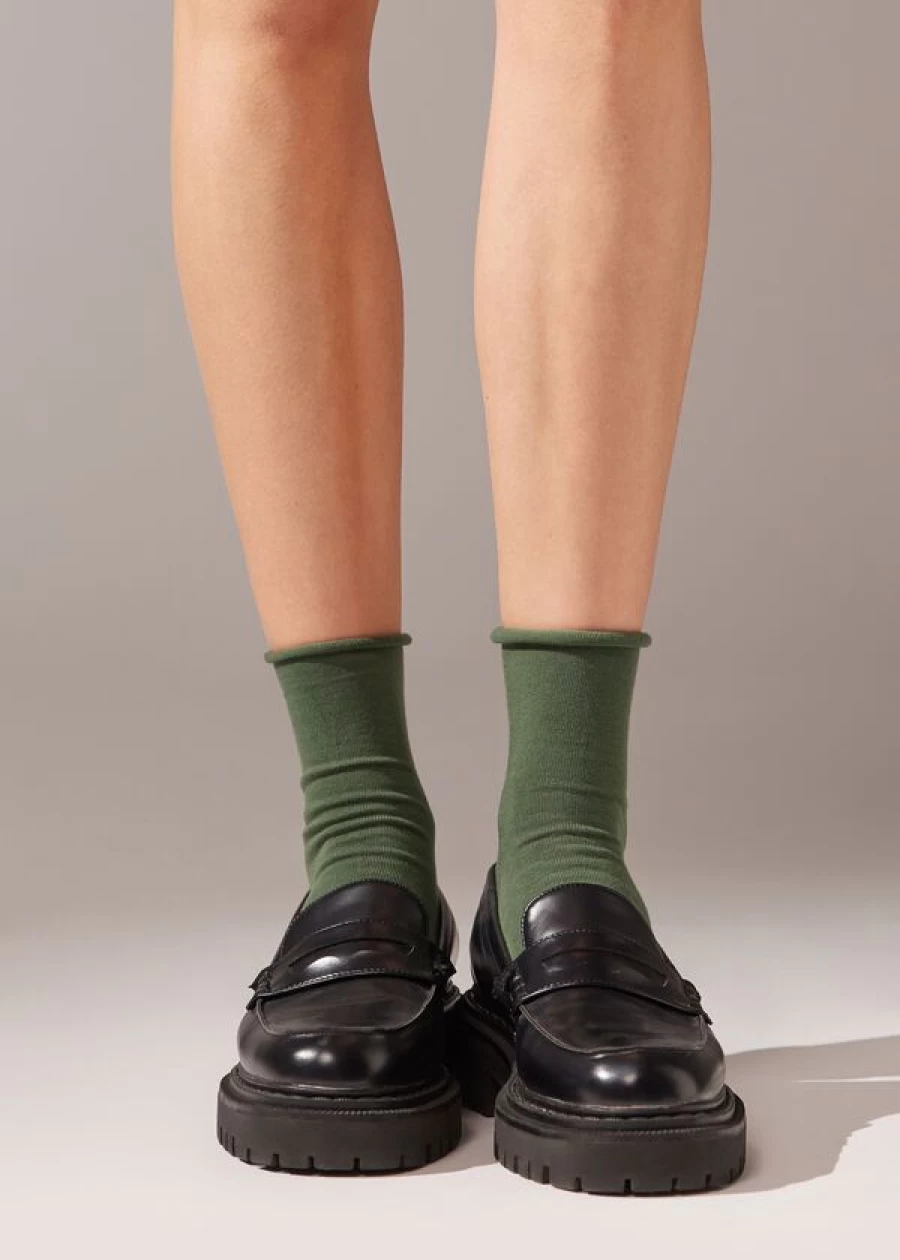 Calzedonia Non-Elastic Cotton Ankle Socks in Verde Cargo - Comfortable Breathable Casual Wear