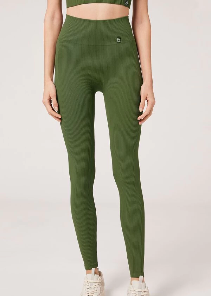 Calzedonia Seamless Fine Ribbed Sports Leggings in Verde Militare - High-Waist Yoga Pants for Women