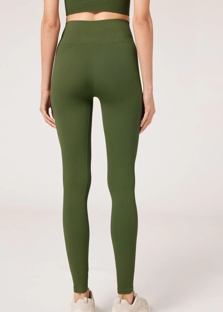 Calzedonia Seamless Fine Ribbed Sports Leggings in Verde Militare - High-Waist Yoga Pants for Women
