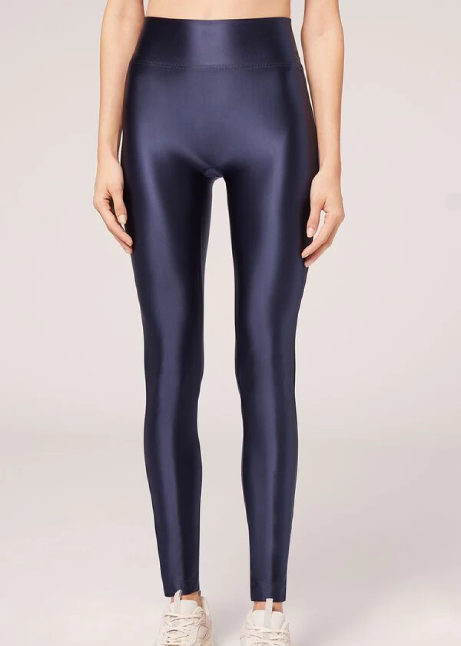 Calzedonia Super Shine Satin Leggings - 848C Blu Satin, High Shine Stretch Pants for Women