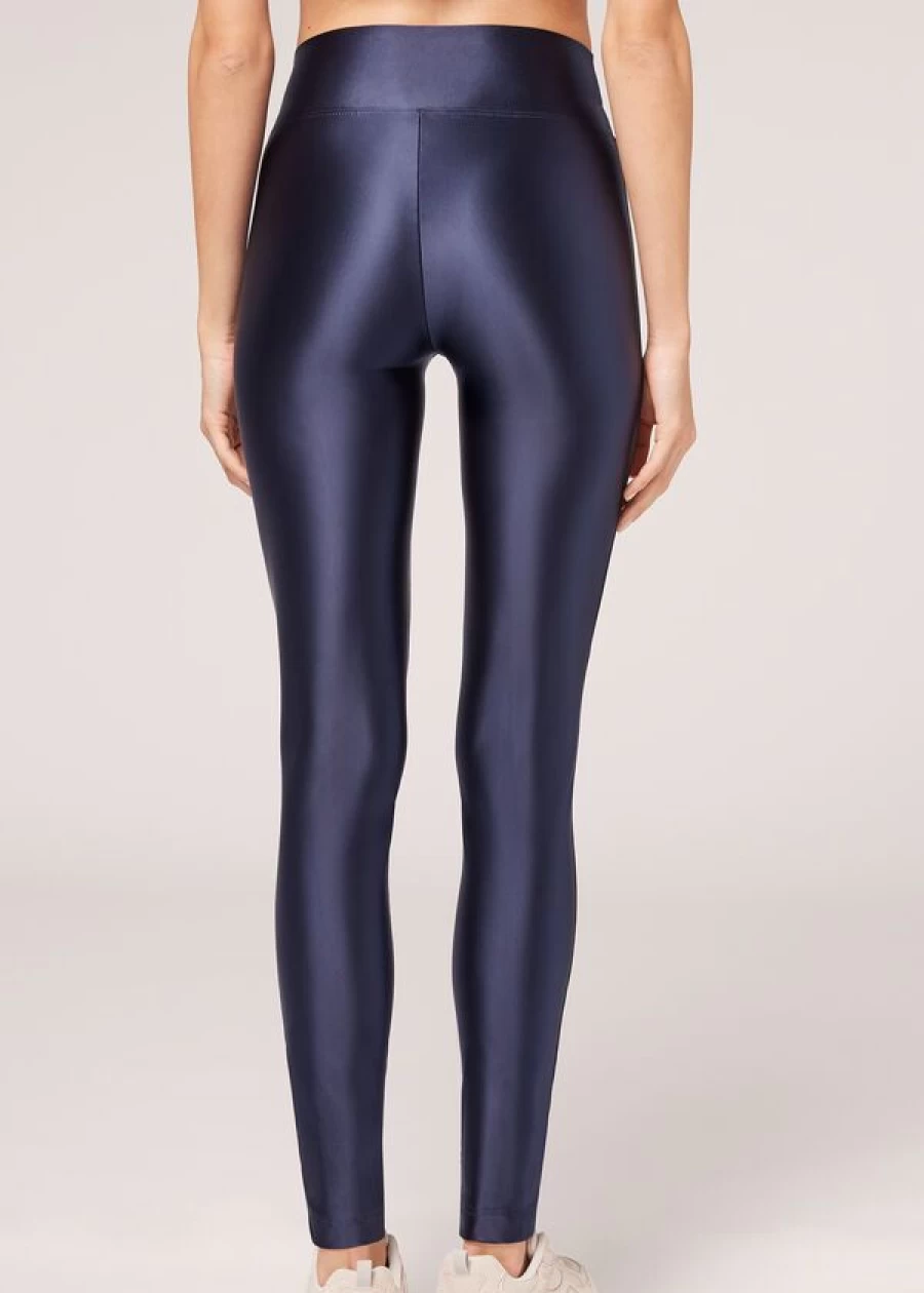 Calzedonia Super Shine Satin Leggings - 848C Blu Satin, High Shine Stretch Pants for Women