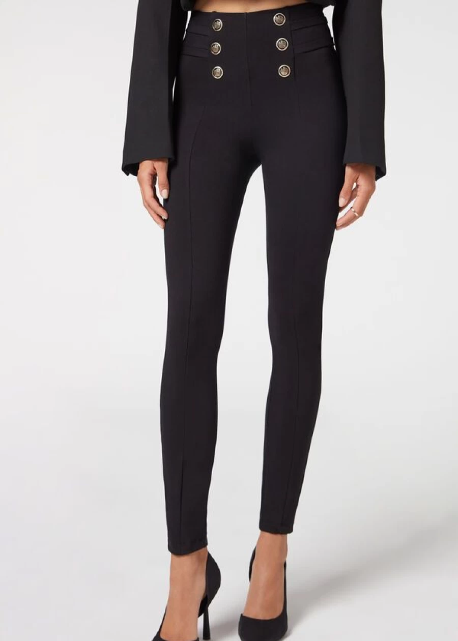 Calzedonia Skinny Shaping Leggings With Buttons - 019 Black High Waist Tummy Control Leggings