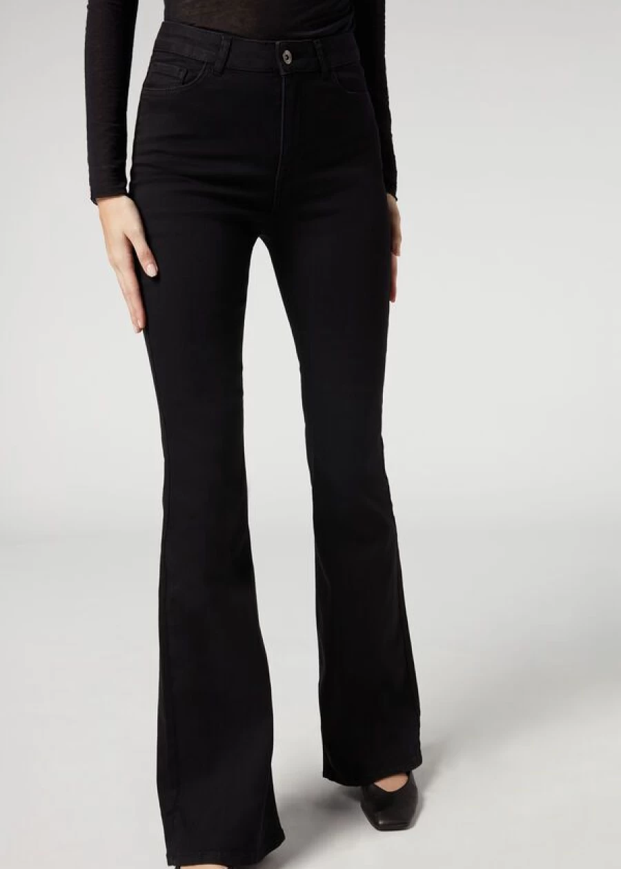 Calzedonia Women's Flared Jeans in 3293 - Black Denim, High-Waisted Bootcut Denim Pants