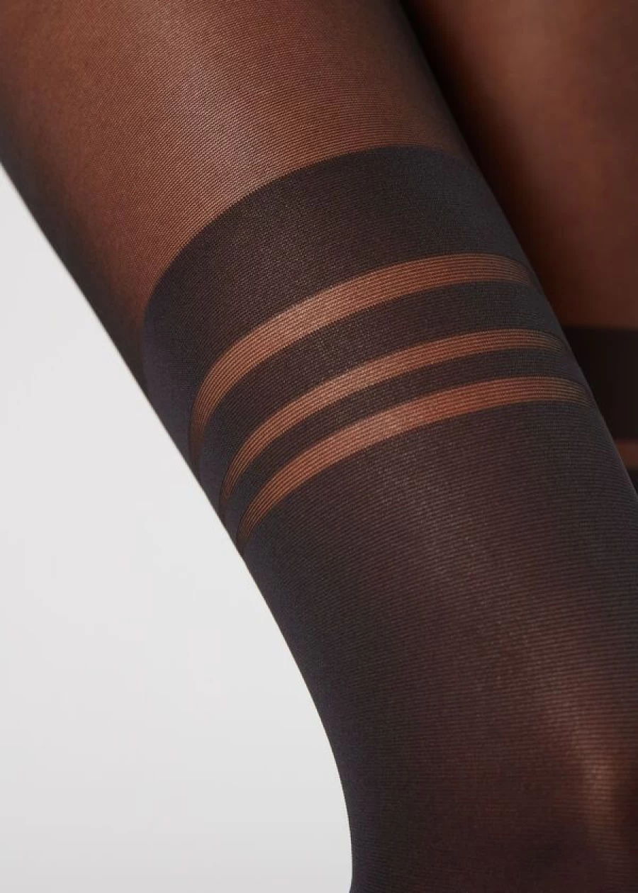 "Calzedonia Black Stripe Pattern Over-Knee Tights - 019"