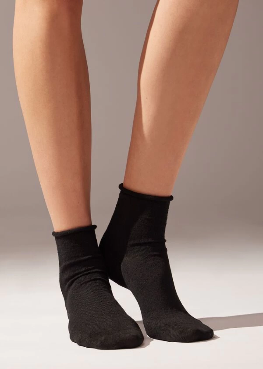 Calzedonia Seamless Linen Short Socks - 019 Black Comfortable No-Show Socks