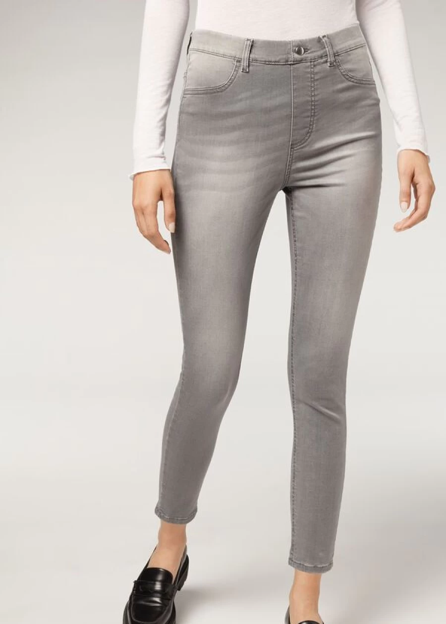 Calzedonia Women's Light Grey Denim Jeggings - Stretch Comfort Fit Skinny Jeans
