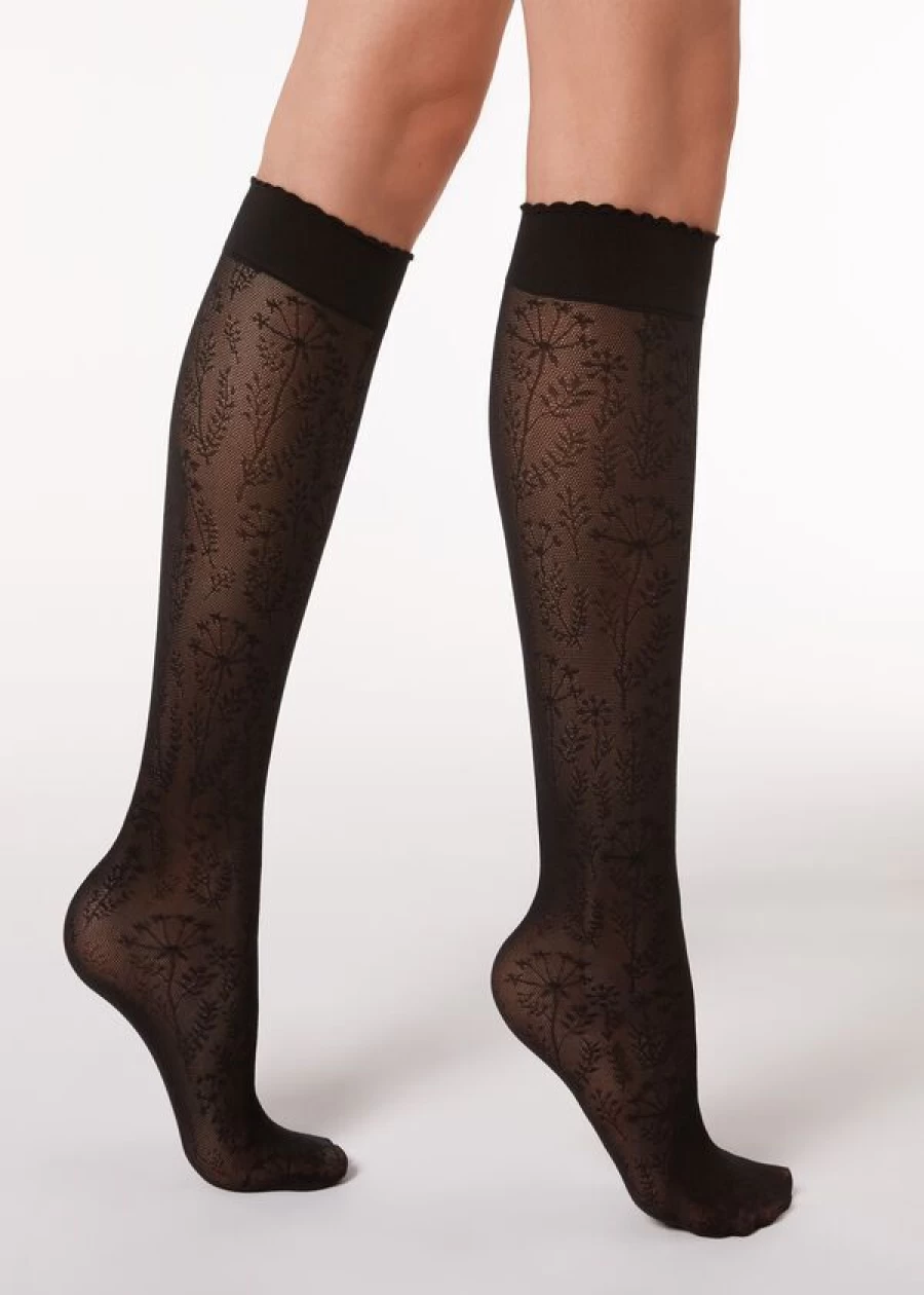 Calzedonia Floral-Patterned Mesh Knee-High Socks in Black - 4583 Fiori Nero