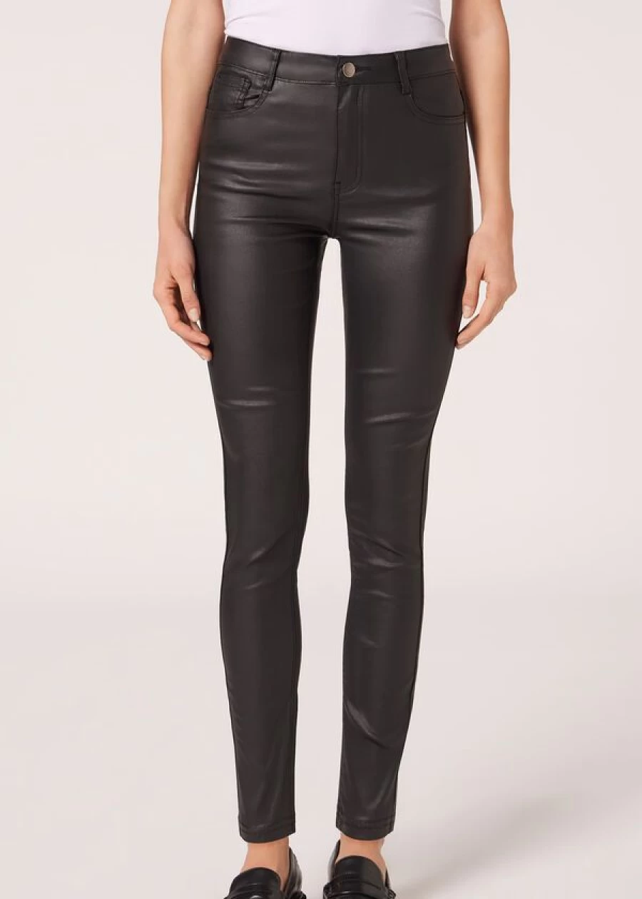 Calzedonia Black Leather Effect Skinny Leggings - High Waist Faux Leather Pants for Women