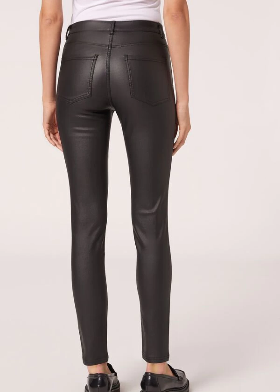 Calzedonia Black Leather Effect Skinny Leggings - High Waist Faux Leather Pants for Women