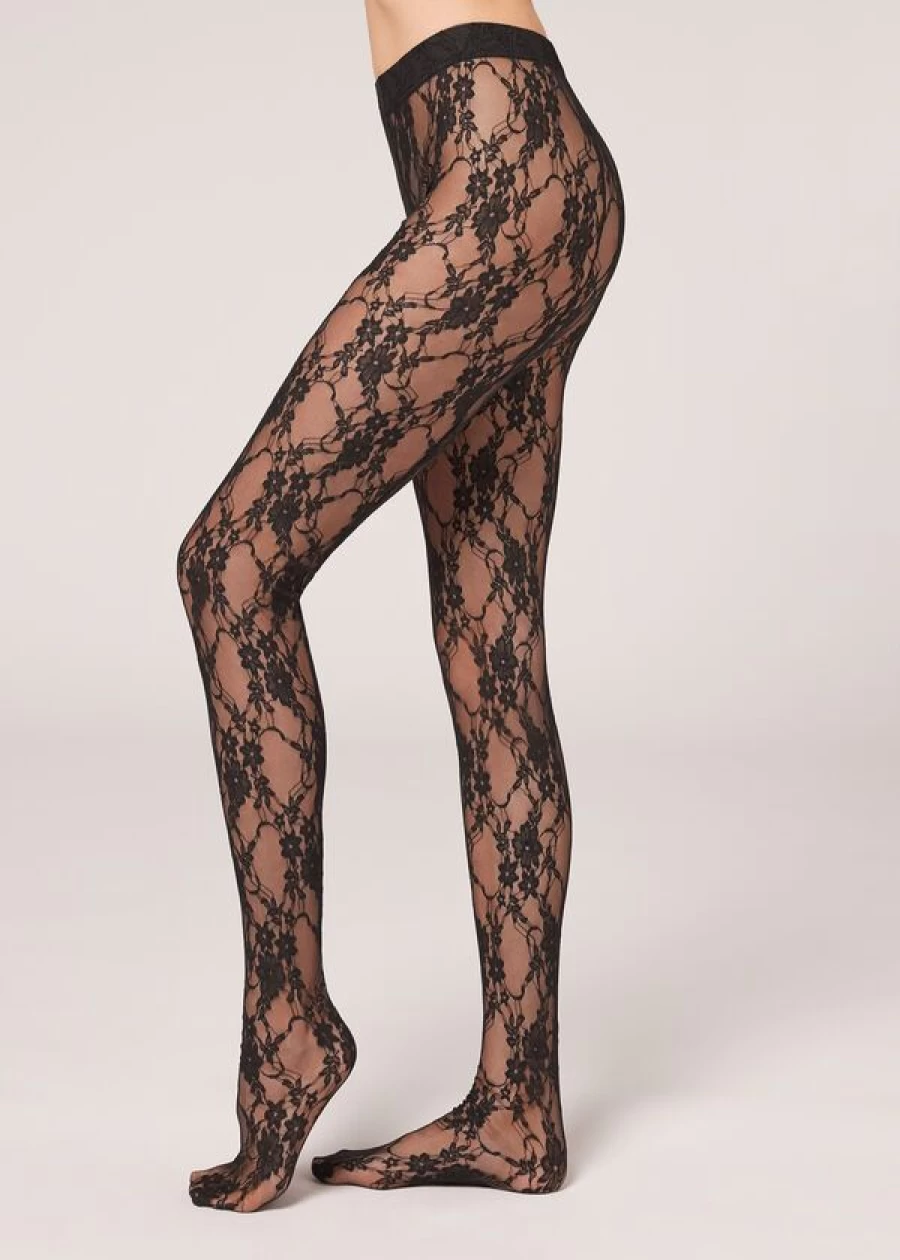 "Calzedonia Floral Lace Tights in 829C Pizzo Nero - Elegant Patterned Tights for Women"