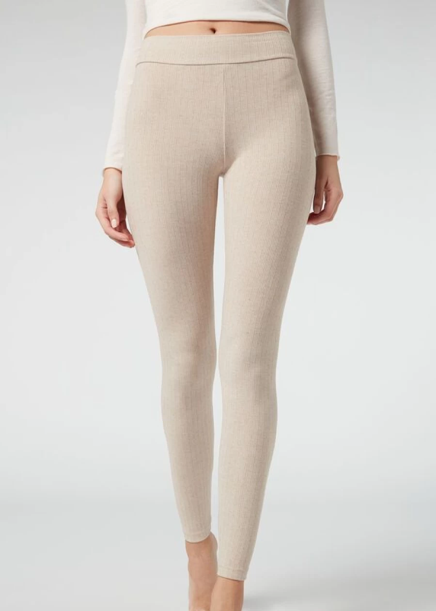 Calzedonia Ribbed Cashmere Blend Leggings in 134C - Natural Blend Color