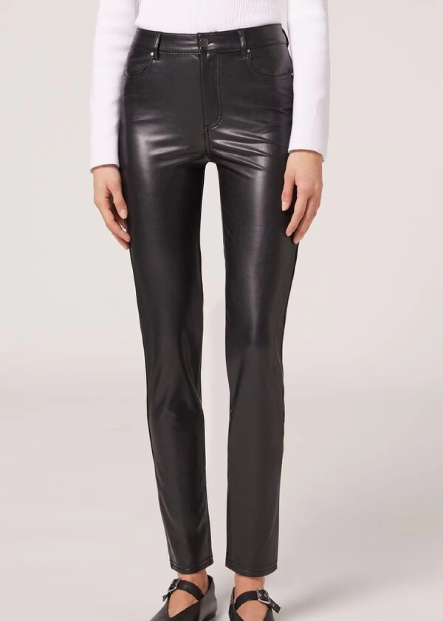 Calzedonia Thermal Faux Leather Leggings in Black - 019 - Stylish & Warm Winter Pants