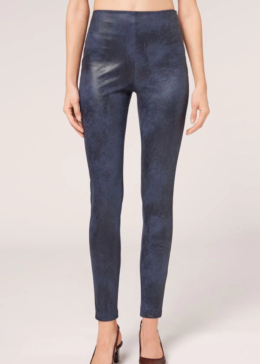 Calzedonia Vintage Blue Suede Effect Leggings - 841C Blu Vintage