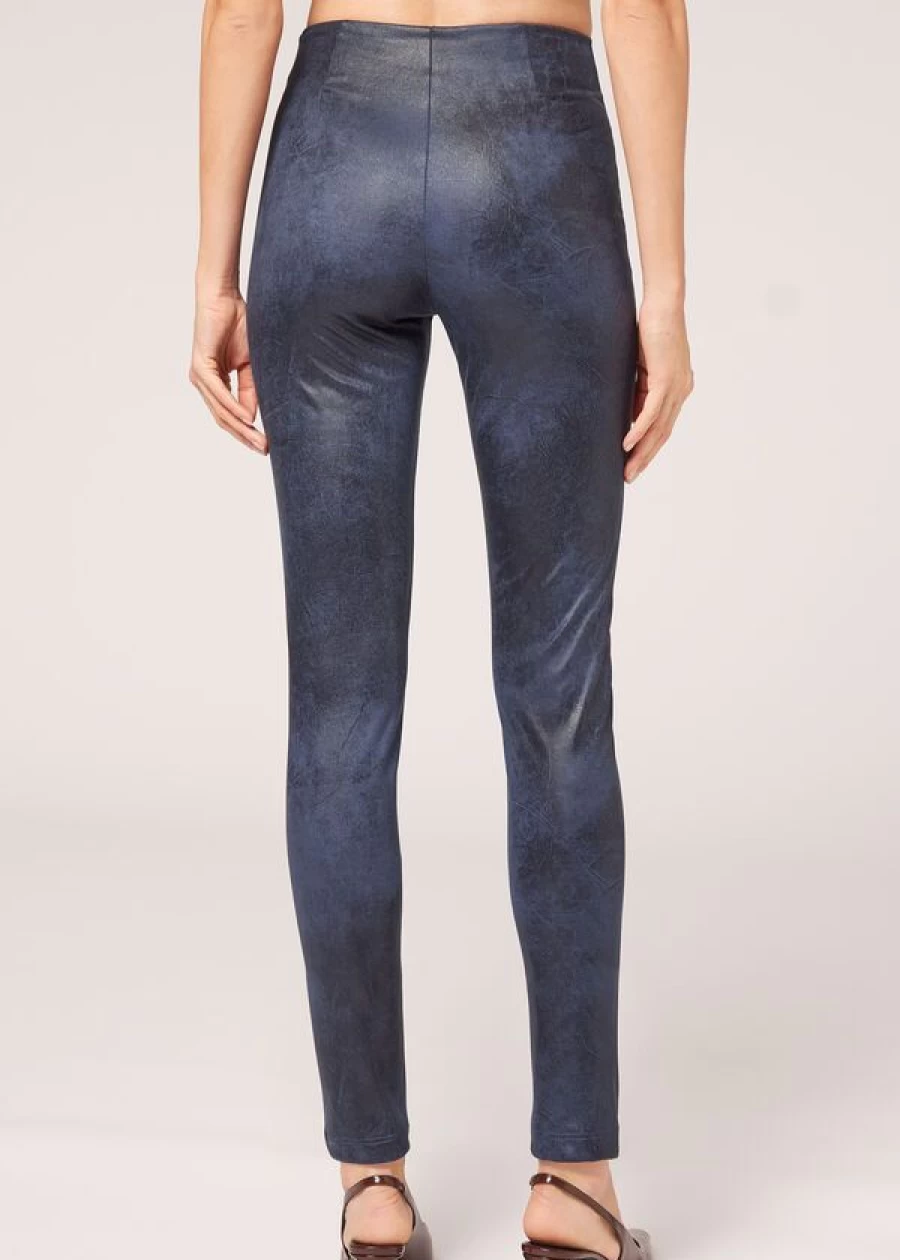 Calzedonia Vintage Blue Suede Effect Leggings - 841C Blu Vintage