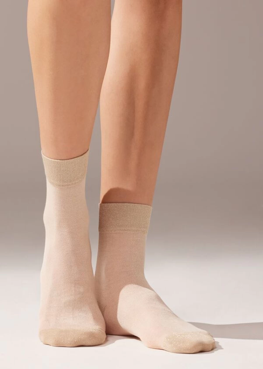 "Calzedonia Glitter Detail Short Socks in 142D - Dusty Sand | Sparkling Ankle Socks"