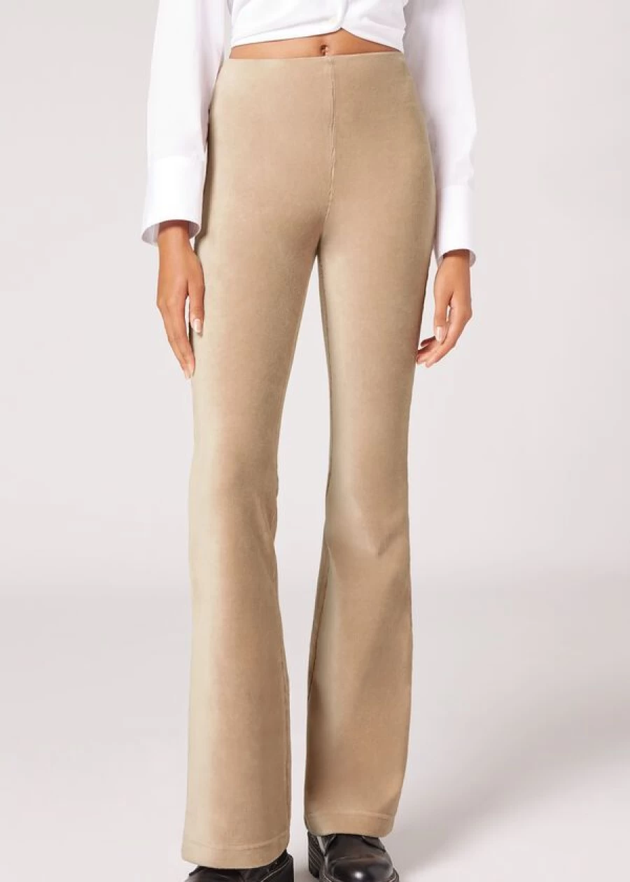 Calzedonia Hazelnut Needlecord Flared Leggings - High Waisted Stretch Comfort Pants