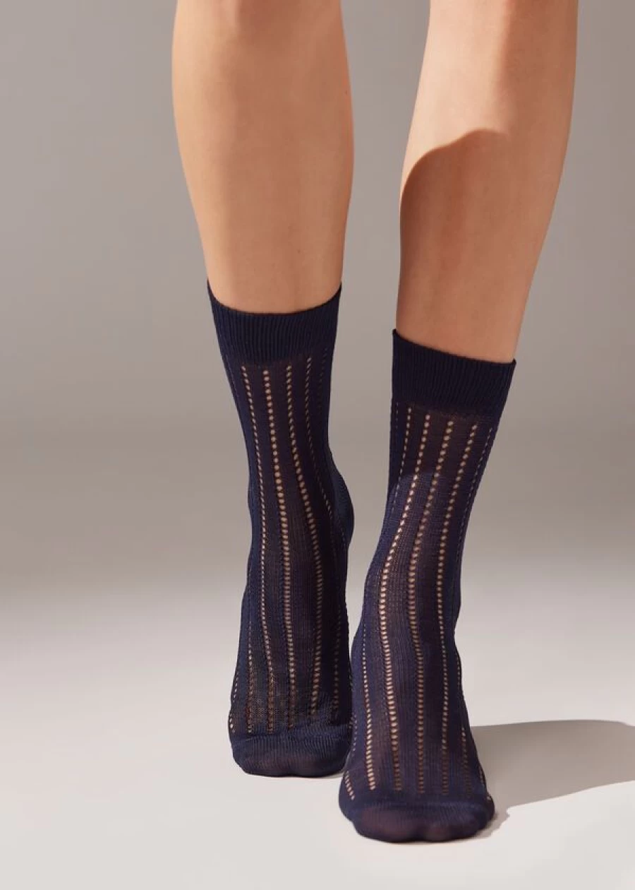 Calzedonia Ribbed Openwork Short Socks in 024D - Blue Ribbed Style