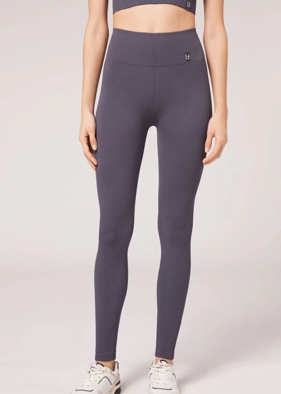 Calzedonia Seamless Fine Ribbed Sports Leggings for Women - 830C Grigio Scuro, High-Waisted Workout Tights for Yoga & Gym