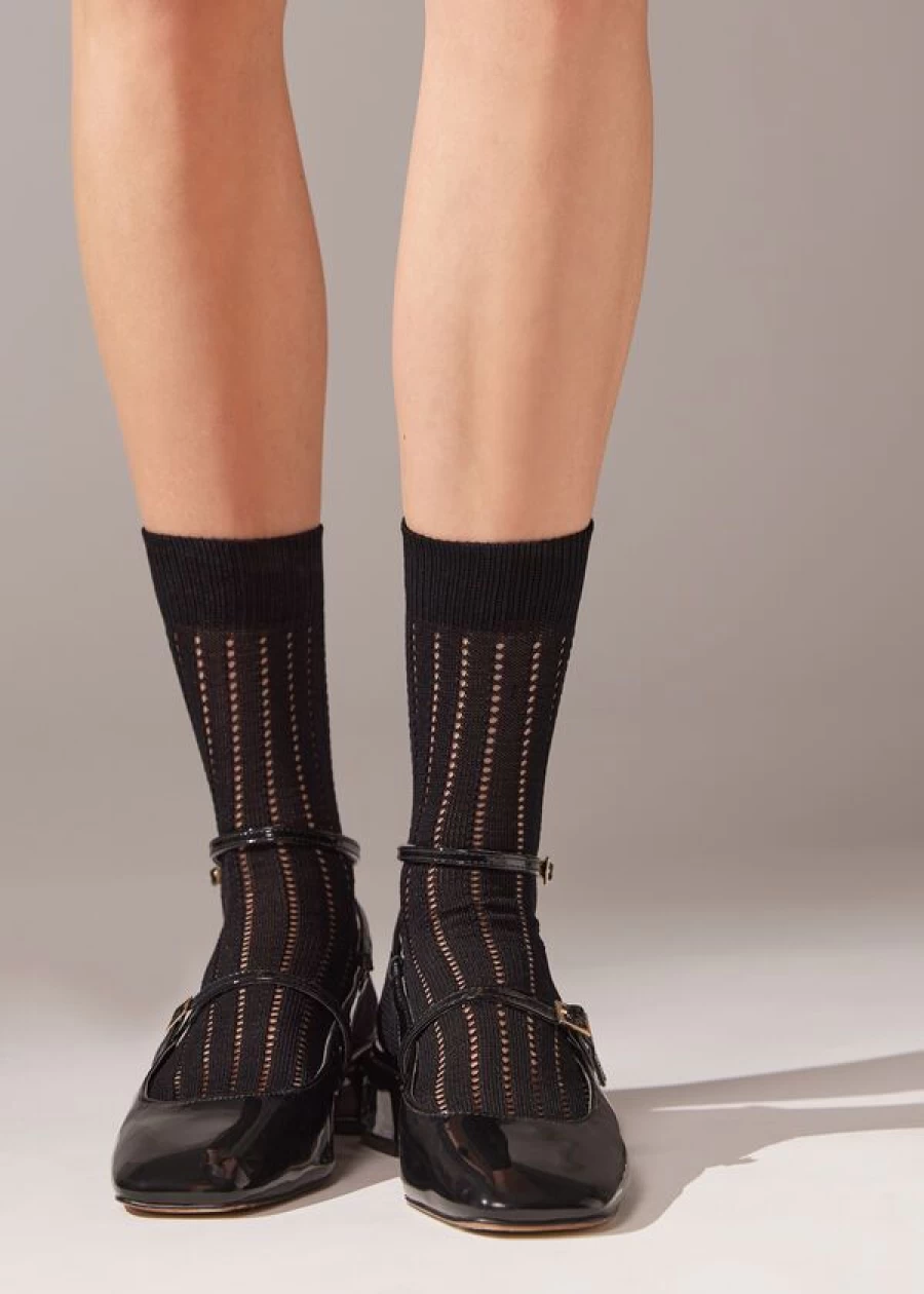 Calzedonia Ribbed Openwork Short Socks in 028D - Black Rib for Women