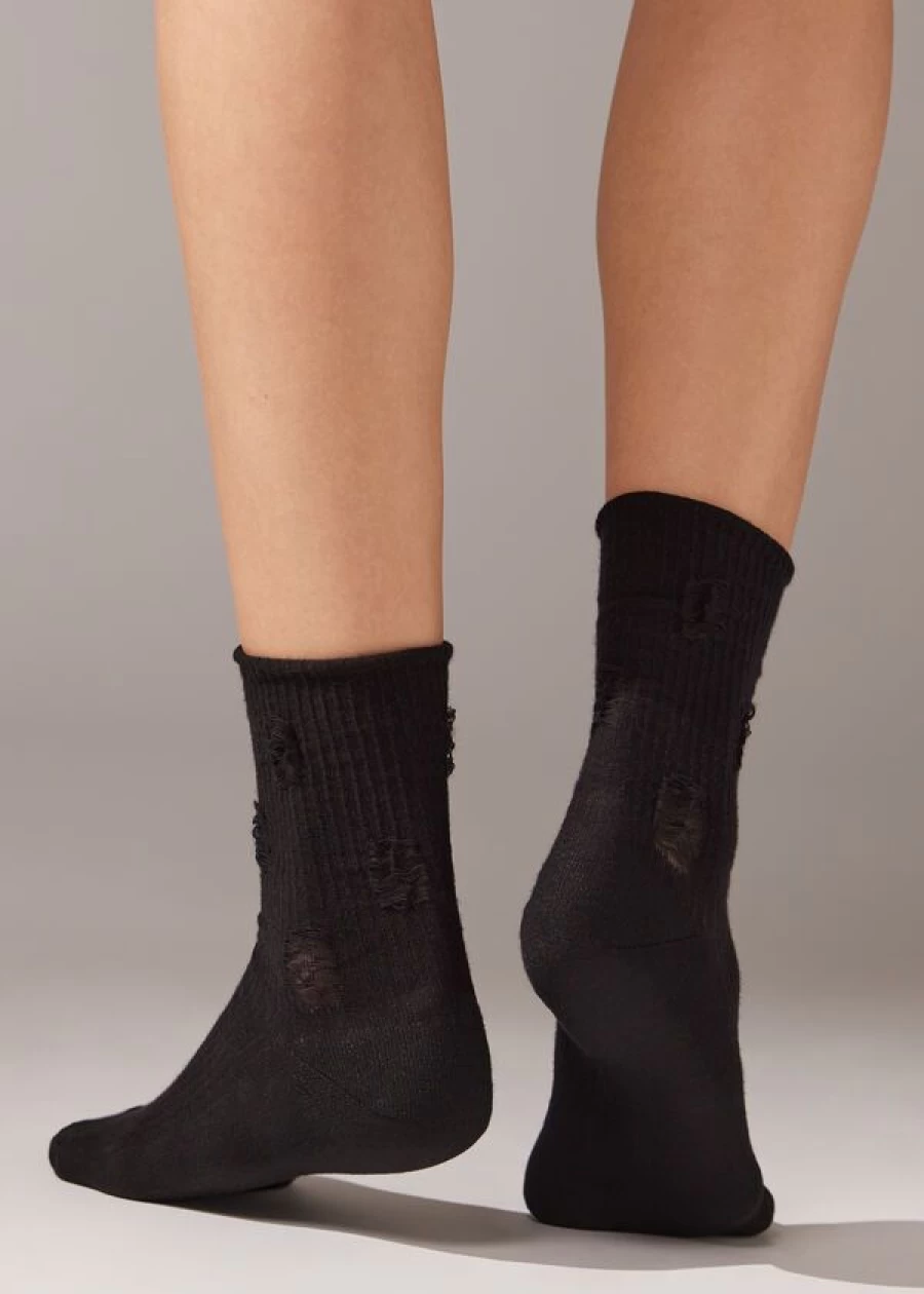 Calzedonia Worn Effect Short Socks - Distressed Black Style for Men & Women