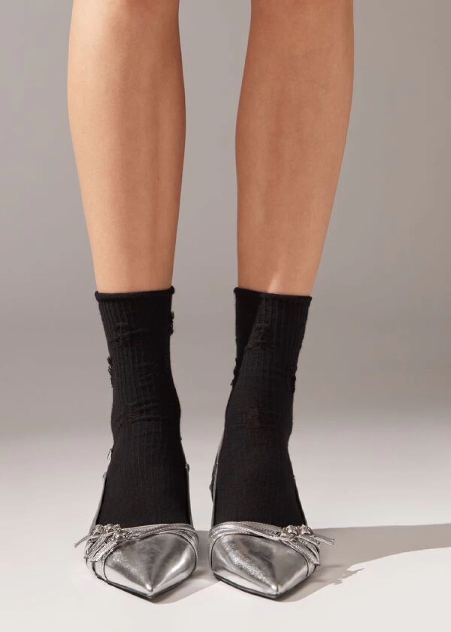 Calzedonia Worn Effect Short Socks - Distressed Black Style for Men & Women