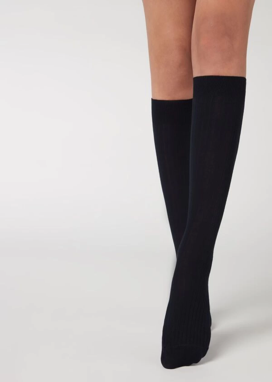 Calzedonia Women's Ribbed Long Socks with Cashmere - 016 Blue Cozy Winter Socks