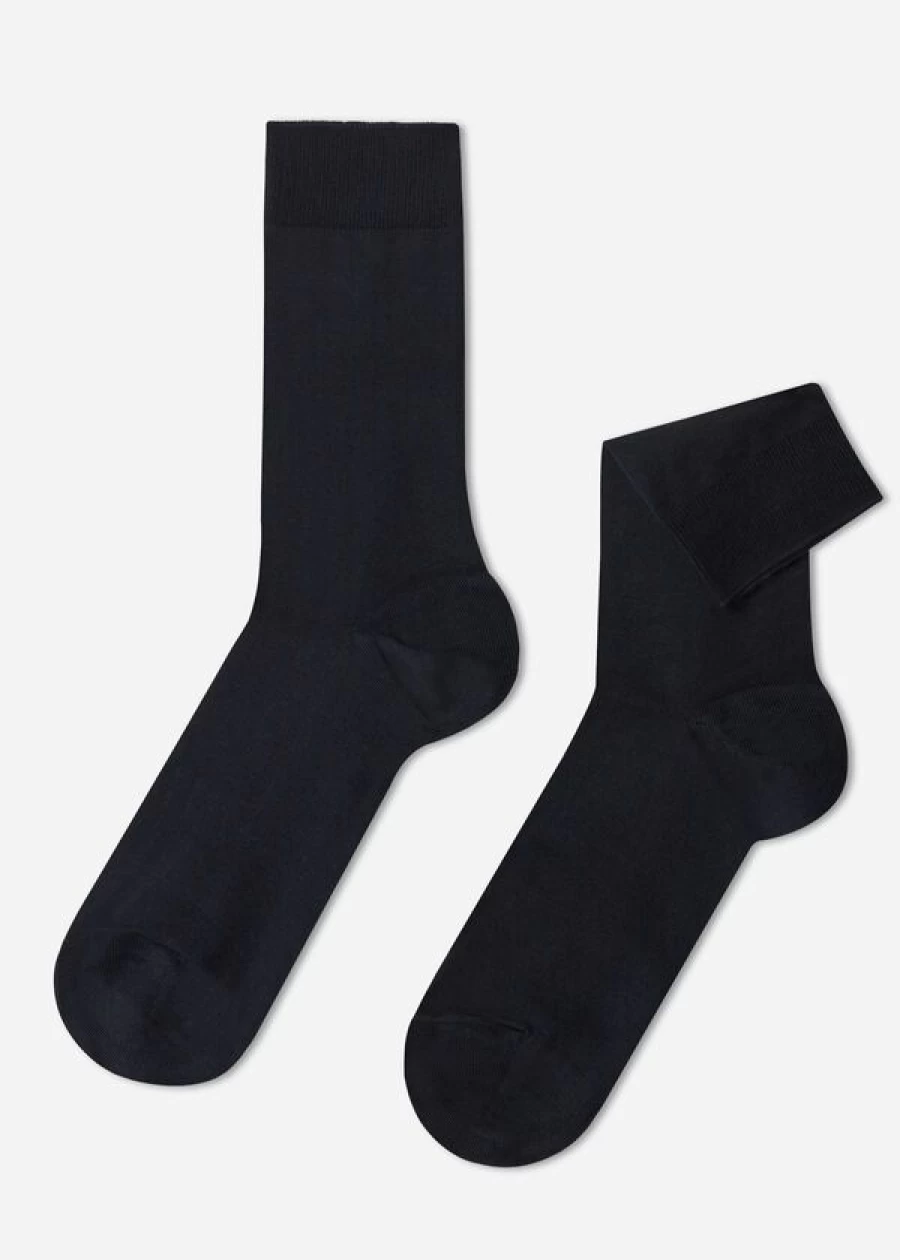 Calzedonia Men's Blue Cotton Crew Stretch Socks - 016