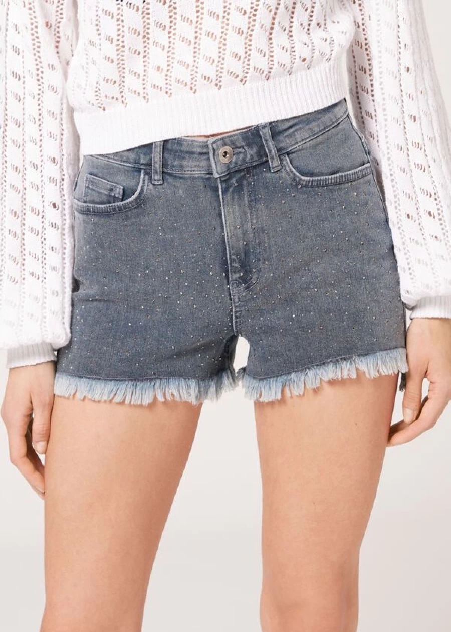 Calzedonia Grey Denim Shorts with Diamante Applique Details for Women