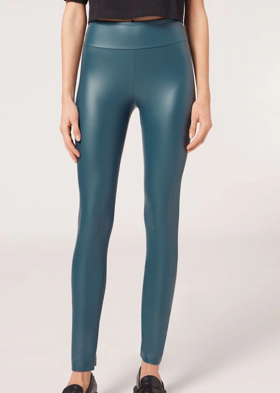Calzedonia Teal Leather Effect Leggings - Faux Leather Stylish Comfort