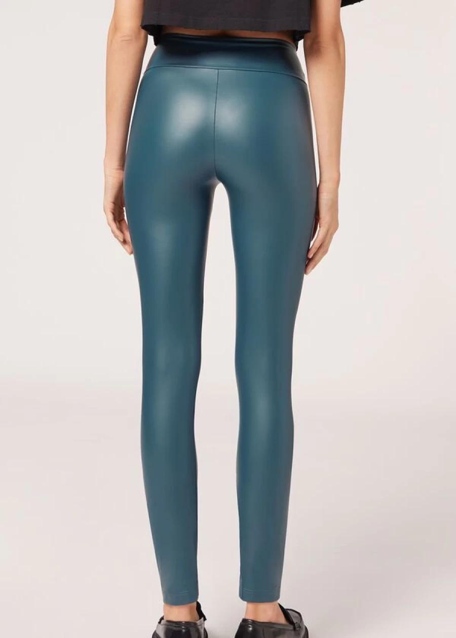 Calzedonia Teal Leather Effect Leggings - Faux Leather Stylish Comfort