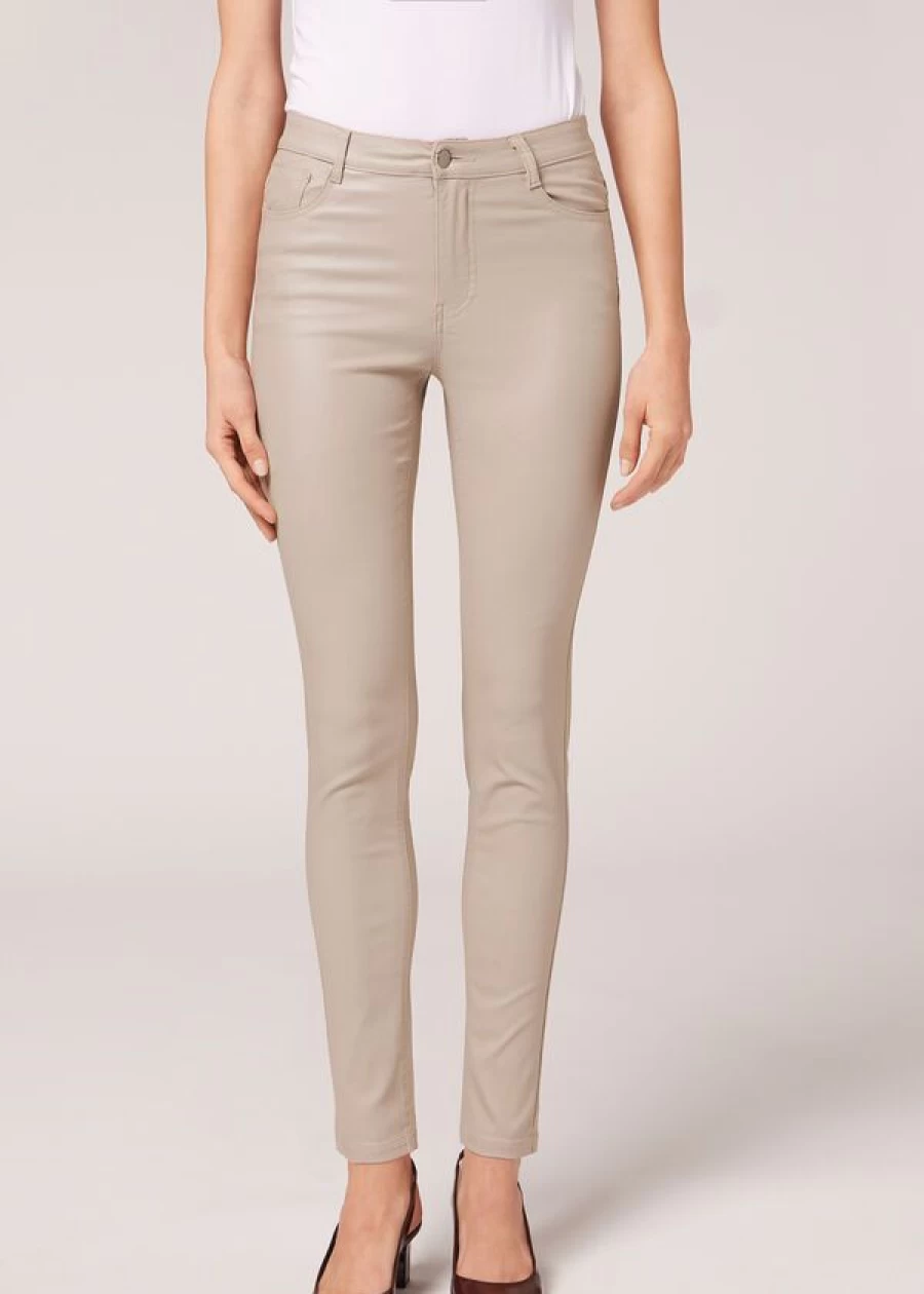 Calzedonia Almond Leather Effect Skinny Leggings - Faux Leather Stretch Pants for Women