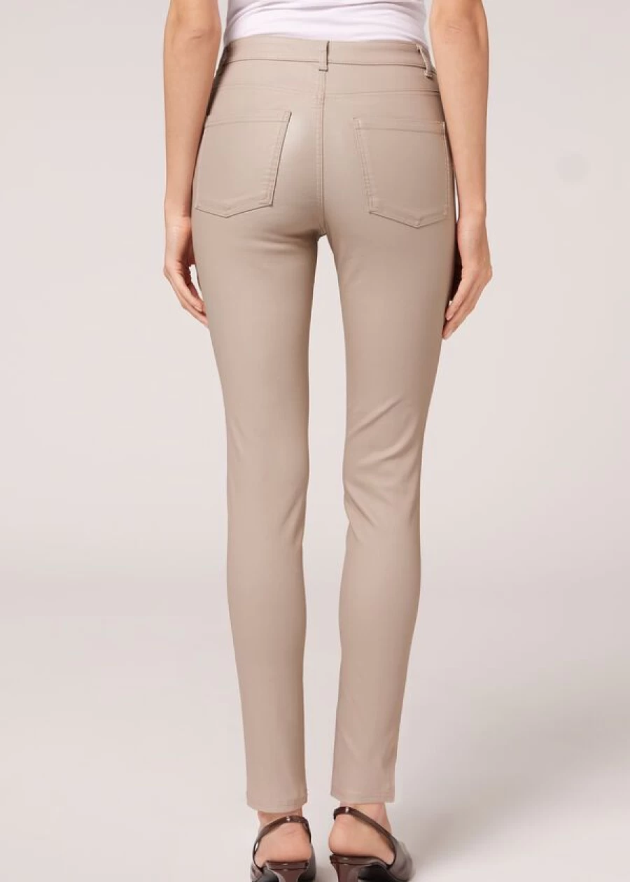 Calzedonia Almond Leather Effect Skinny Leggings - Faux Leather Stretch Pants for Women