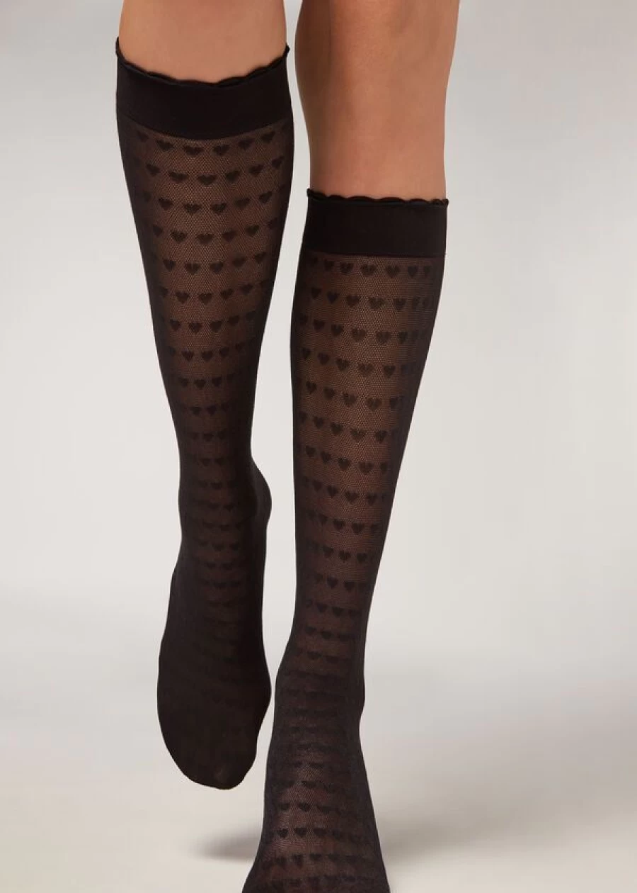 Calzedonia Heart Motif Mesh Knee-High Socks - 5257 Black Hearts Pattern