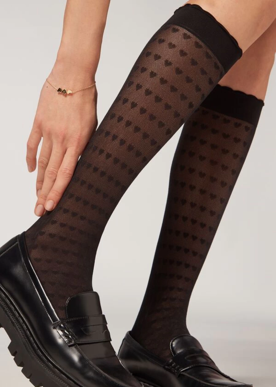 Calzedonia Heart Motif Mesh Knee-High Socks - 5257 Black Hearts Pattern