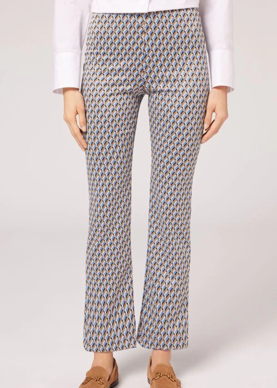 Calzedonia Geometric Print Cropped Flared Leggings in Azzurro/Beige 847C