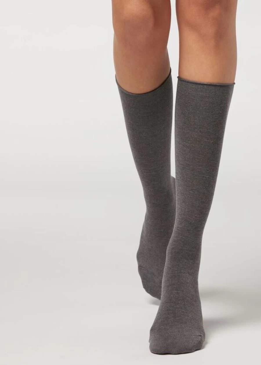 Calzedonia Mid-Calf Cashmere Socks in 042 - Grigio Medio Melange | Soft Wool Blend for Comfort