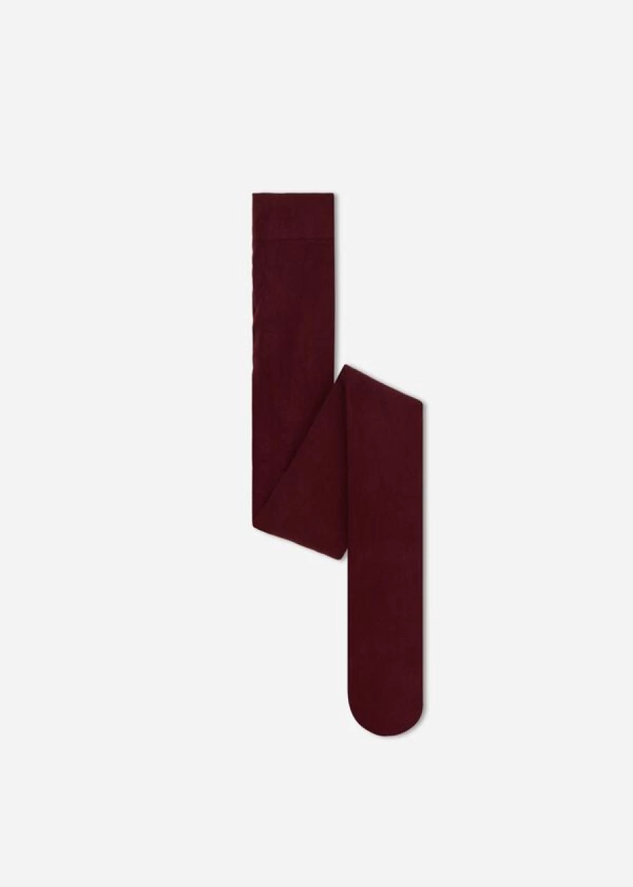 Calzedonia Girls' Super Opaque Cashmere Tights - 2240 Wine Red Purple, Warm & Soft Winter Tights for Girls