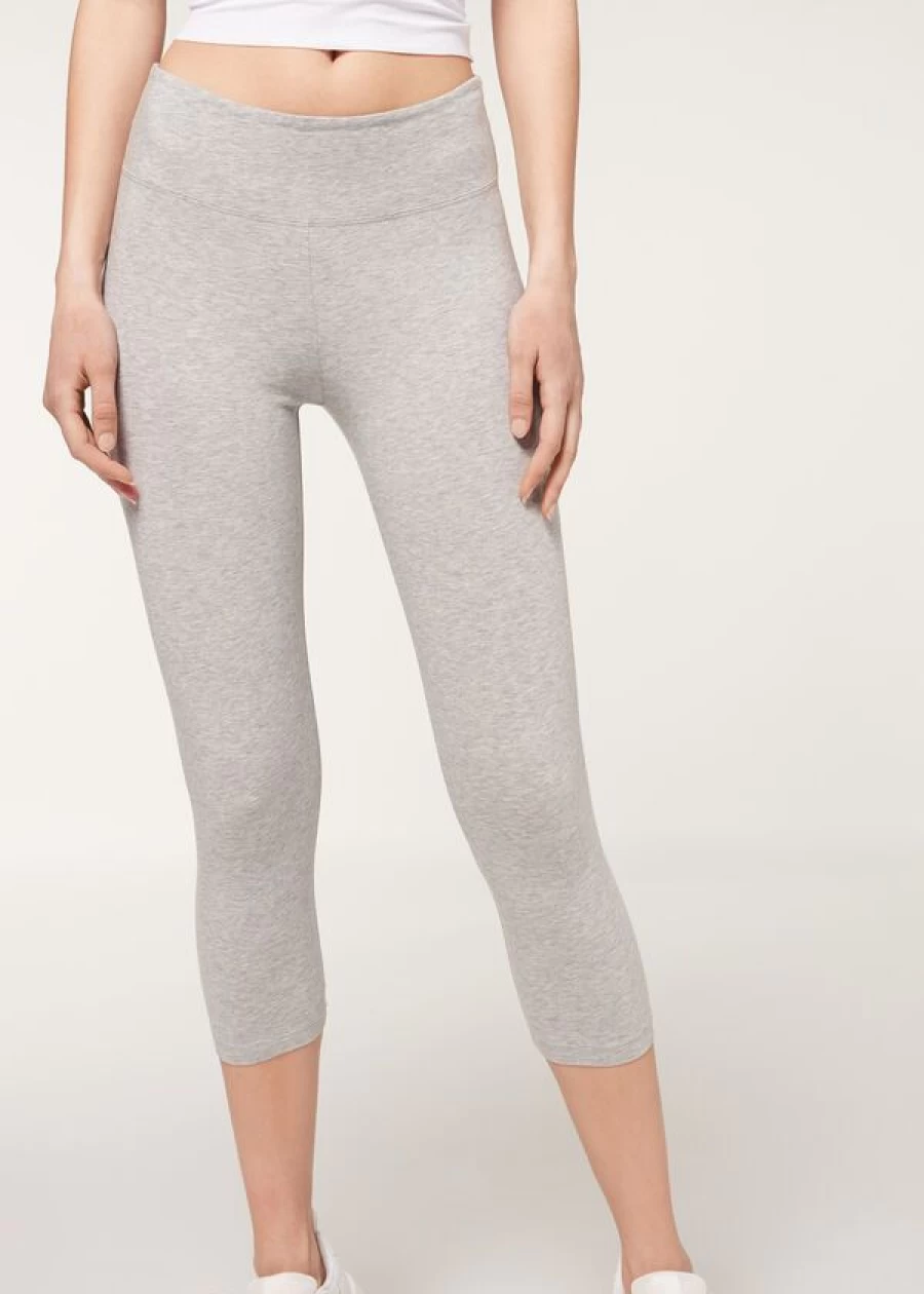 Calzedonia Supima Cotton Capri Leggings in Light Grey Blend - High-Waisted Stretch Workout Pants