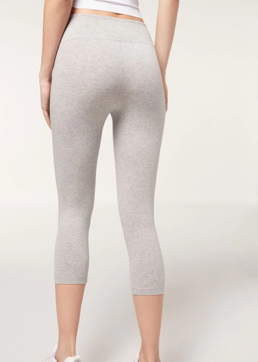 Calzedonia Supima Cotton Capri Leggings in Light Grey Blend - High-Waisted Stretch Workout Pants