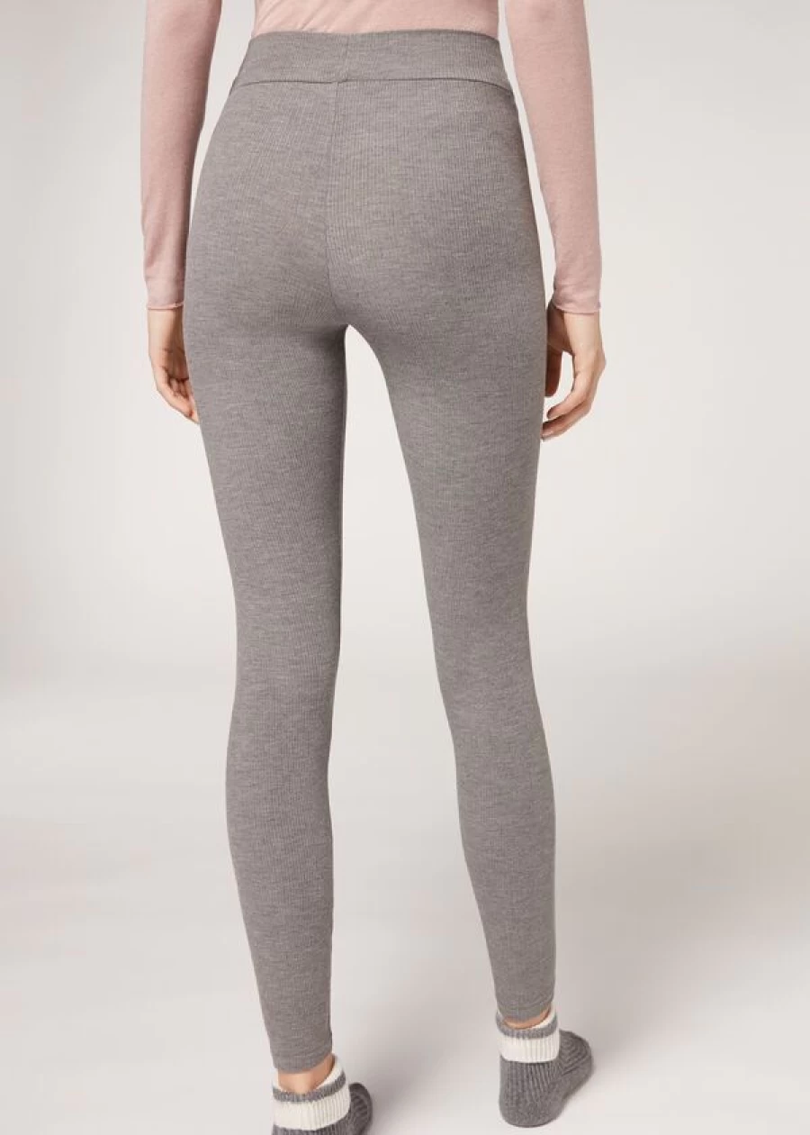Calzedonia Ribbed Cashmere Leggings for Women - Soft Grey 135C Comfortable High-Waisted Tummy Control
