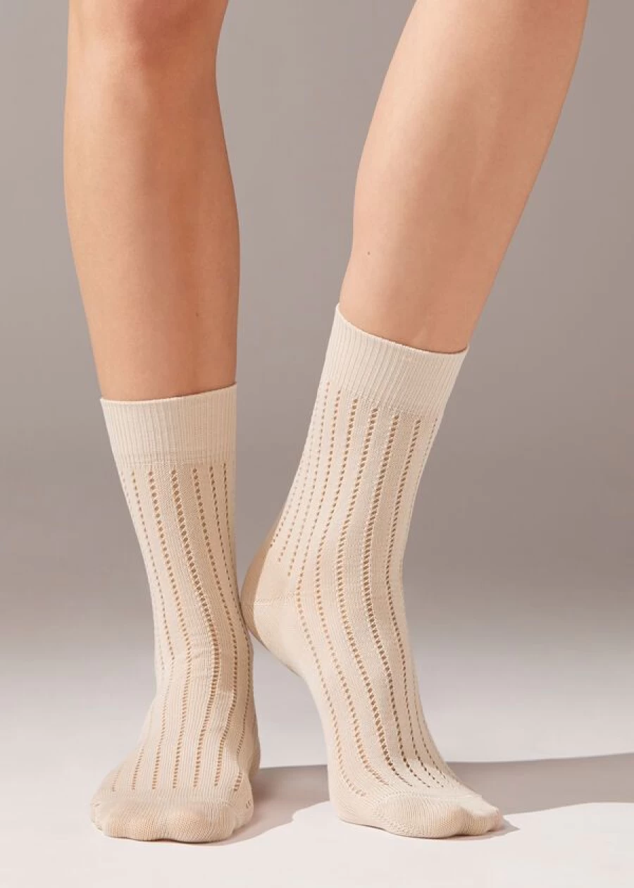Calzedonia Ribbed Openwork Short Socks in 026D - Costa Dusty Almond