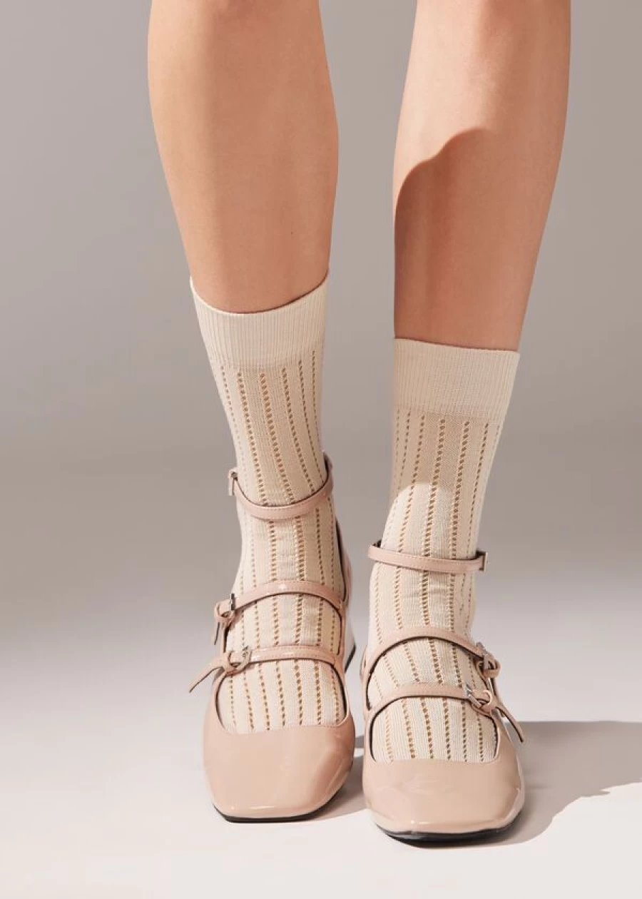 Calzedonia Ribbed Openwork Short Socks in 026D - Costa Dusty Almond