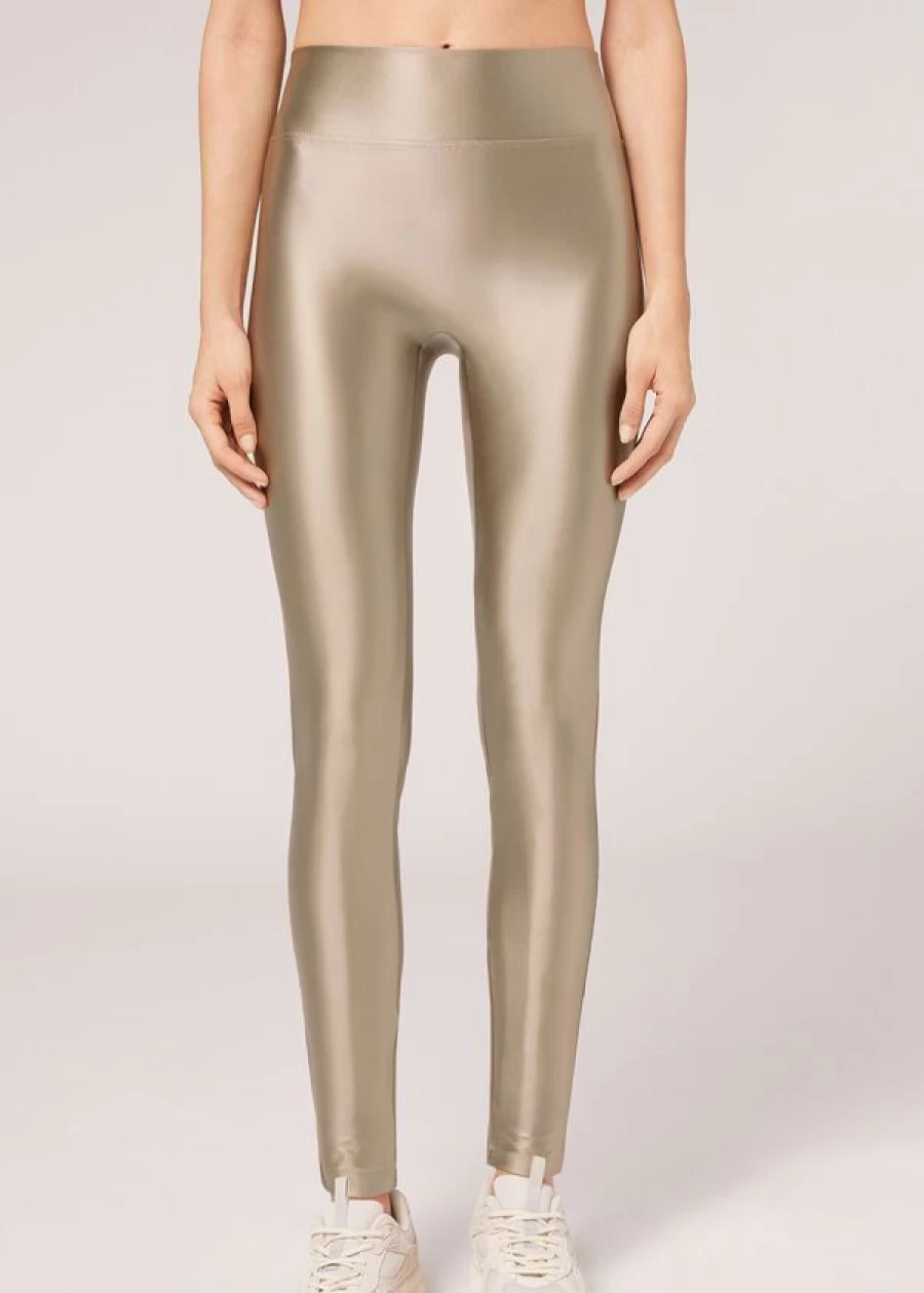 Calzedonia Super Shine Satin Leggings in 865C - Platino Satin | High Gloss Stretch Pants