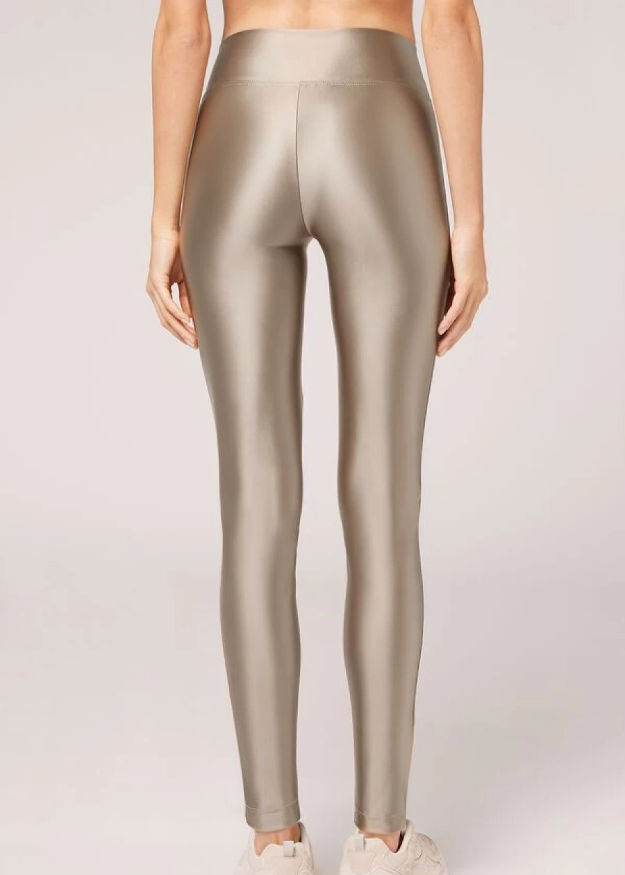 Calzedonia Super Shine Satin Leggings in 865C - Platino Satin | High Gloss Stretch Pants